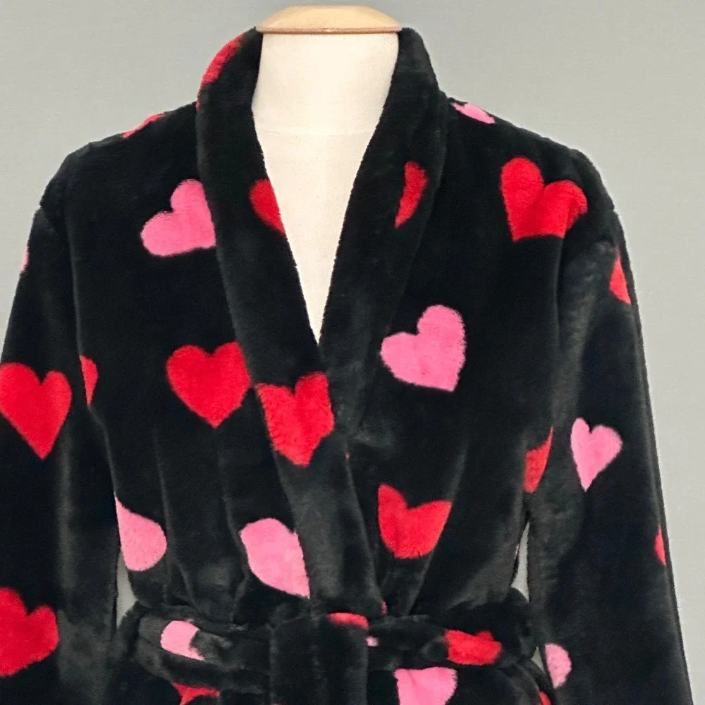 Kate Spade Womens Bathrobe M Black Plush Wrap Tie Red Pink Hearts Loungewear